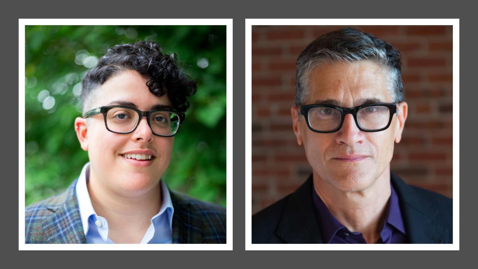 Left side Aimi Hamraie, an olive-skinned Iranian person with short dark curly hair and rectangular glasses, smiles at the camera. Right side Joel Sanders a white man with short grey hair and bold black rectangular glasses looks at the camera.