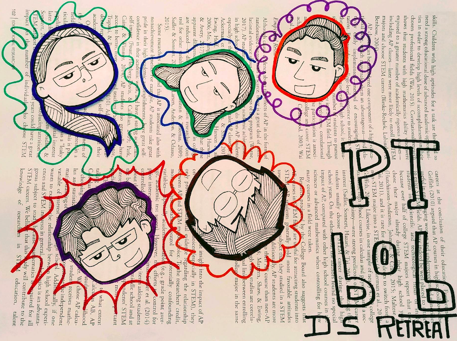 Illustrations of the five participants' faces that attended the disability studies writing retreat. They are drawn in black ink on a page torn out of an academic journal. In the right corner block letters read "Point Bob DS retreat."